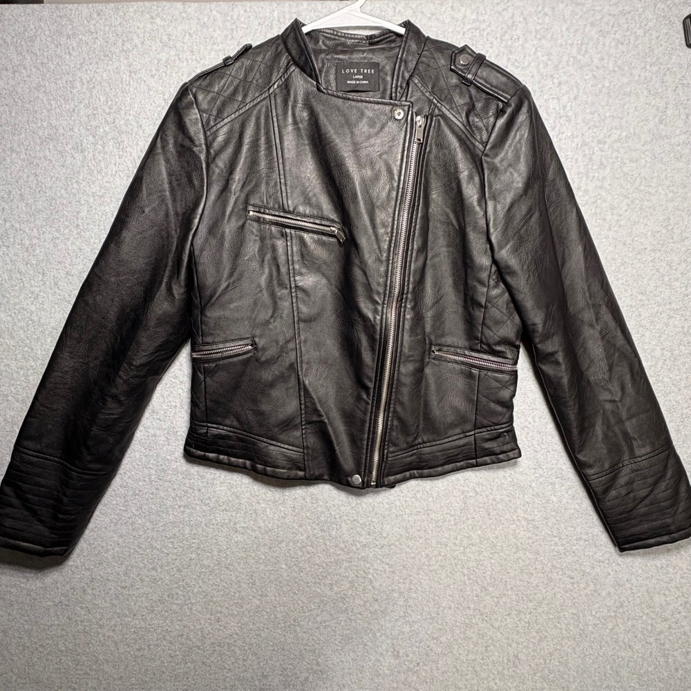 Love Tree Black Faux Leather Moto Jacket Asymmetrical Zip Quilted Large 8614JH